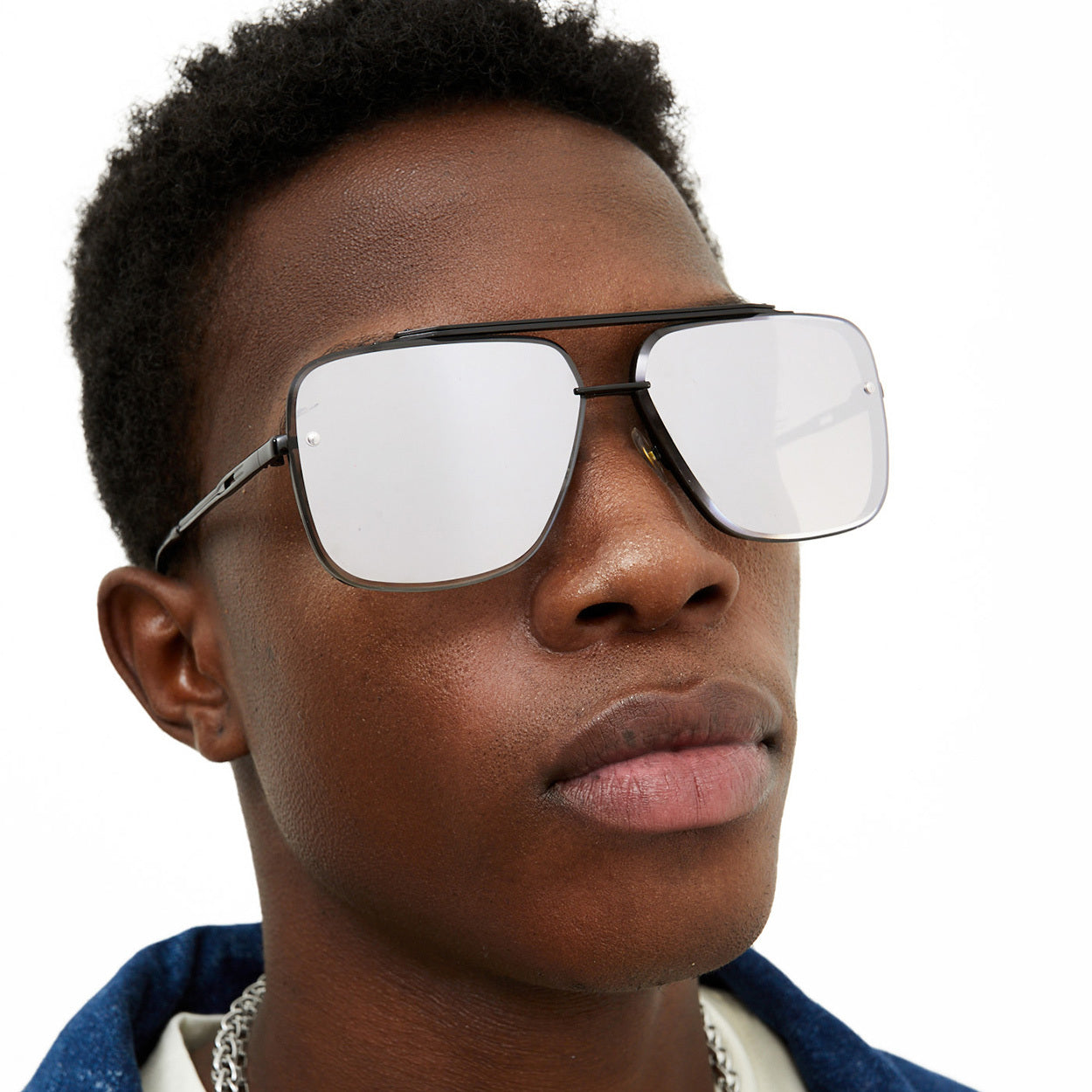 Bella - Chrome Black Oversized Squared Aviators Sunglasses