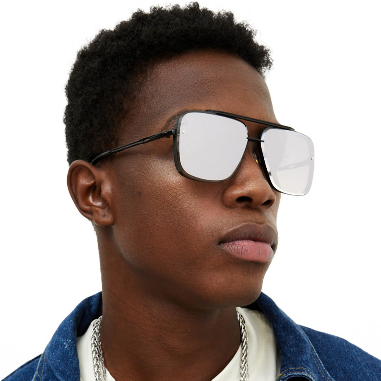 Bella - Chrome Black Oversized Squared Aviators Sunglasses