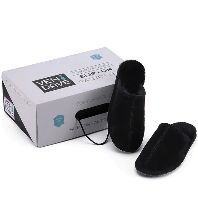 Ven Dave Leather & Black Sheep Fur Slippers