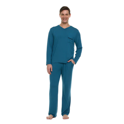 Men’s Micro Modal V-Neck Pajamas – Teal Blue | Symmar Dream Collection