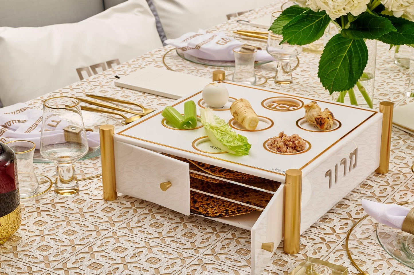 3-Tier Seder Plate & Matzah Box — Gold Centerpiece