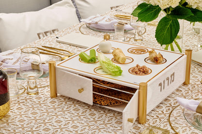 3-Tier Seder Plate & Matzah Box — Gold Centerpiece