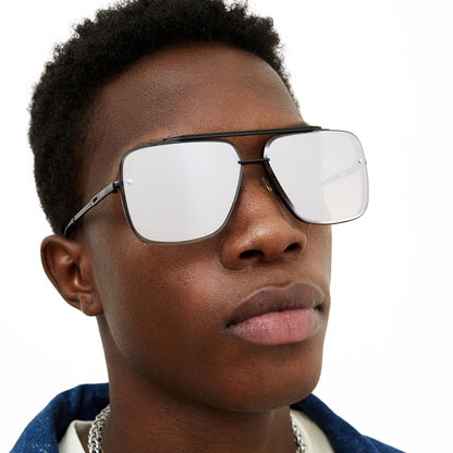 Bella -  Chrome Black Oversized Squared Aviators Sunglasses