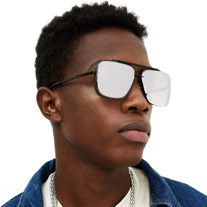 Bella -  Chrome Black Oversized Squared Aviators Sunglasses