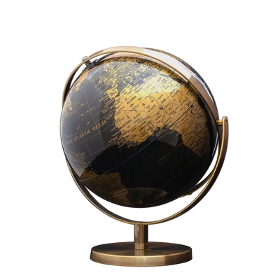 Black and gold globe on a white background