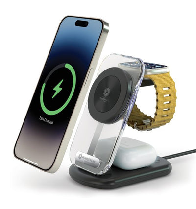 3-in-1 Folding MagCharge Wireless Charging Station folds for travel and charges devices with casefriendly phone charging