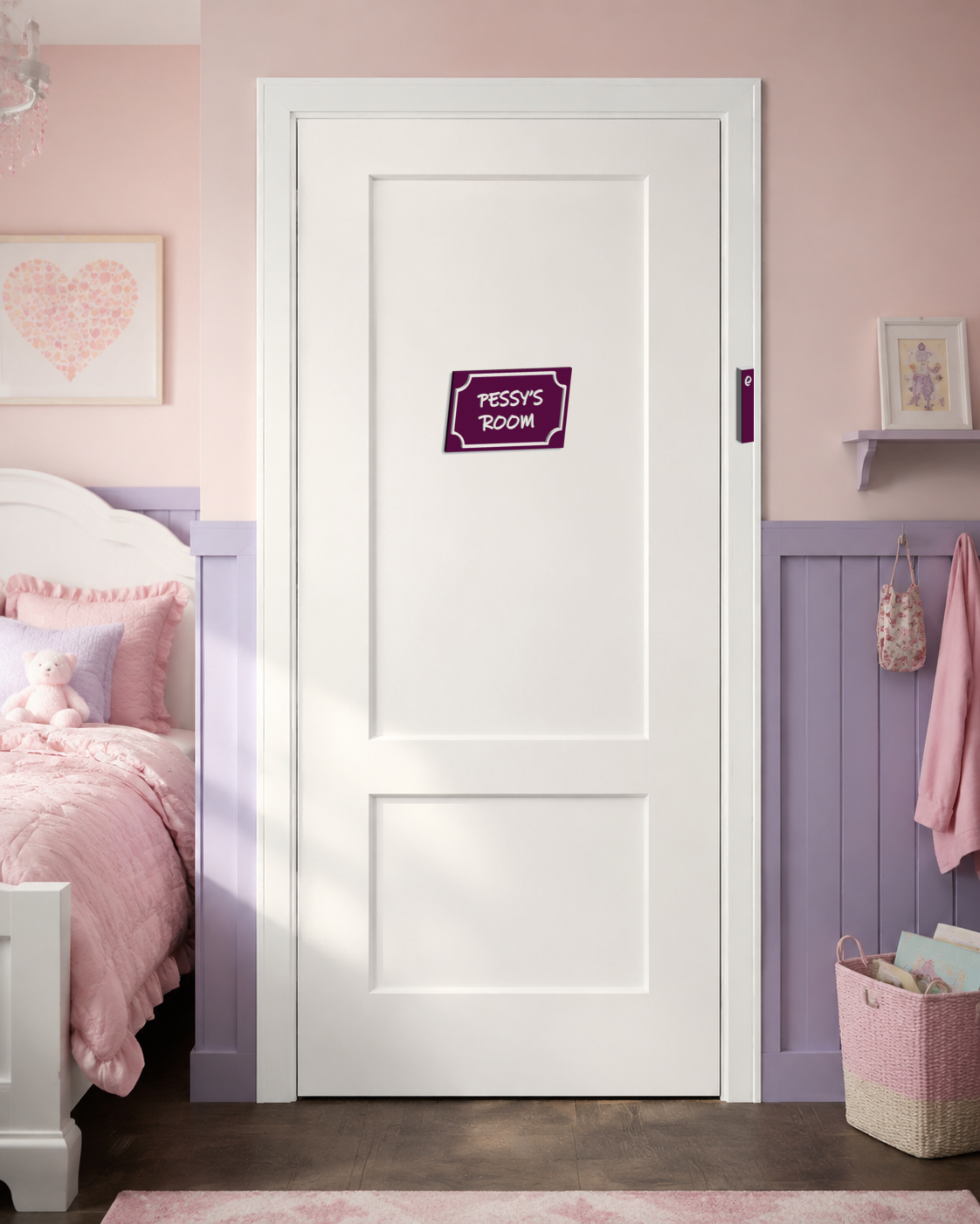 Ultimate Kids Bedroom Set plaque and mezuzah installed on a bedroom door