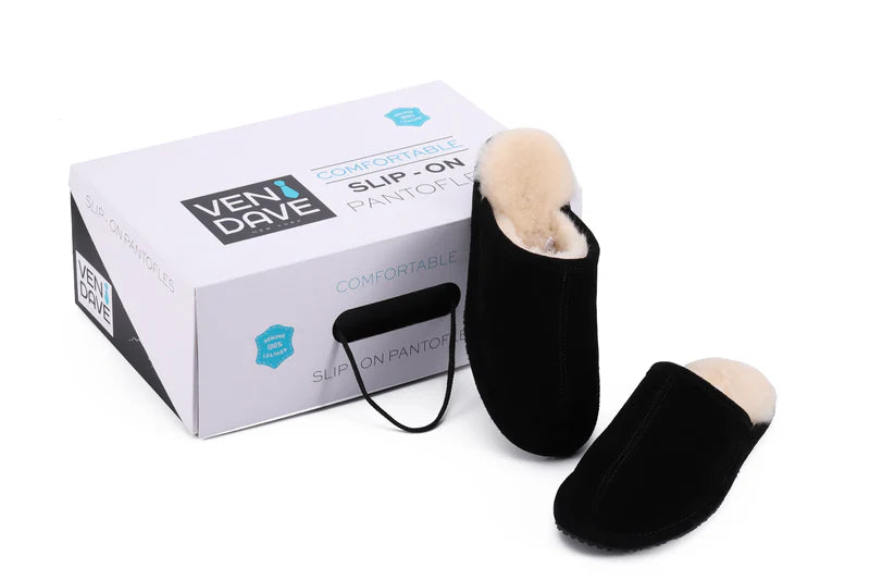 Ven Dave Leather & Beige Sheep Fur Slippers