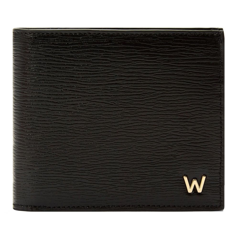 Black leather wallet with a gold logo on a white background