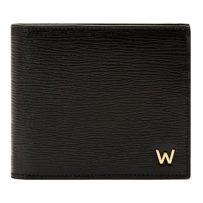Black leather wallet with a gold logo on a white background